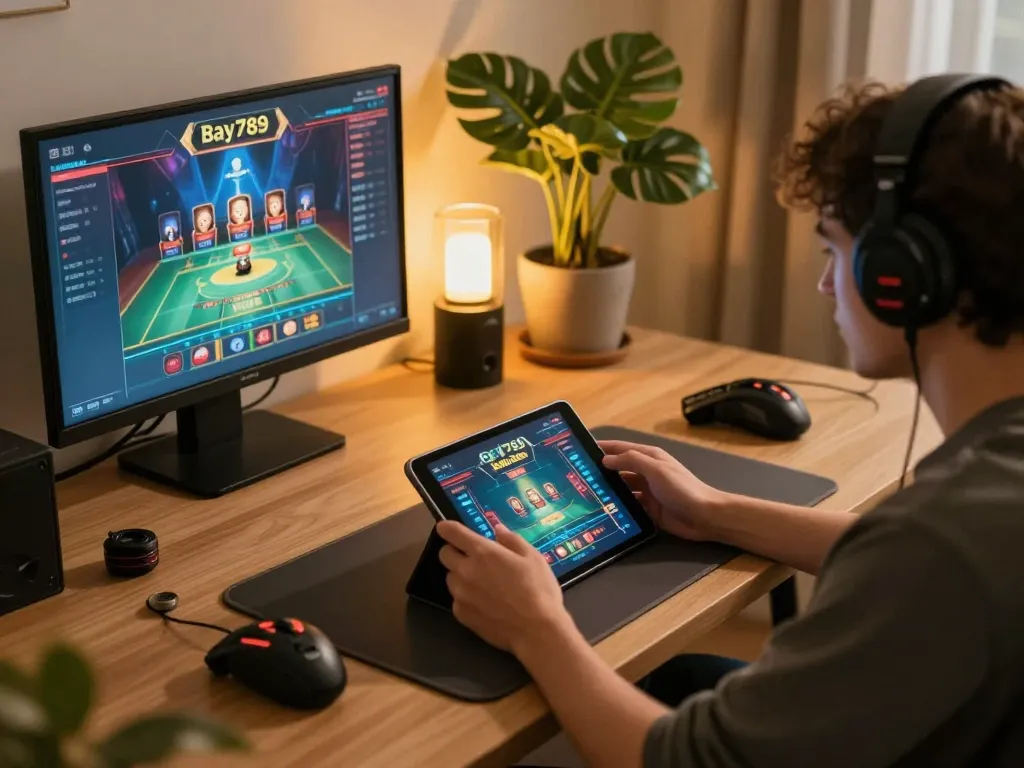 Engaging in live Bay789 casino game on tablet in a cozy home setup.