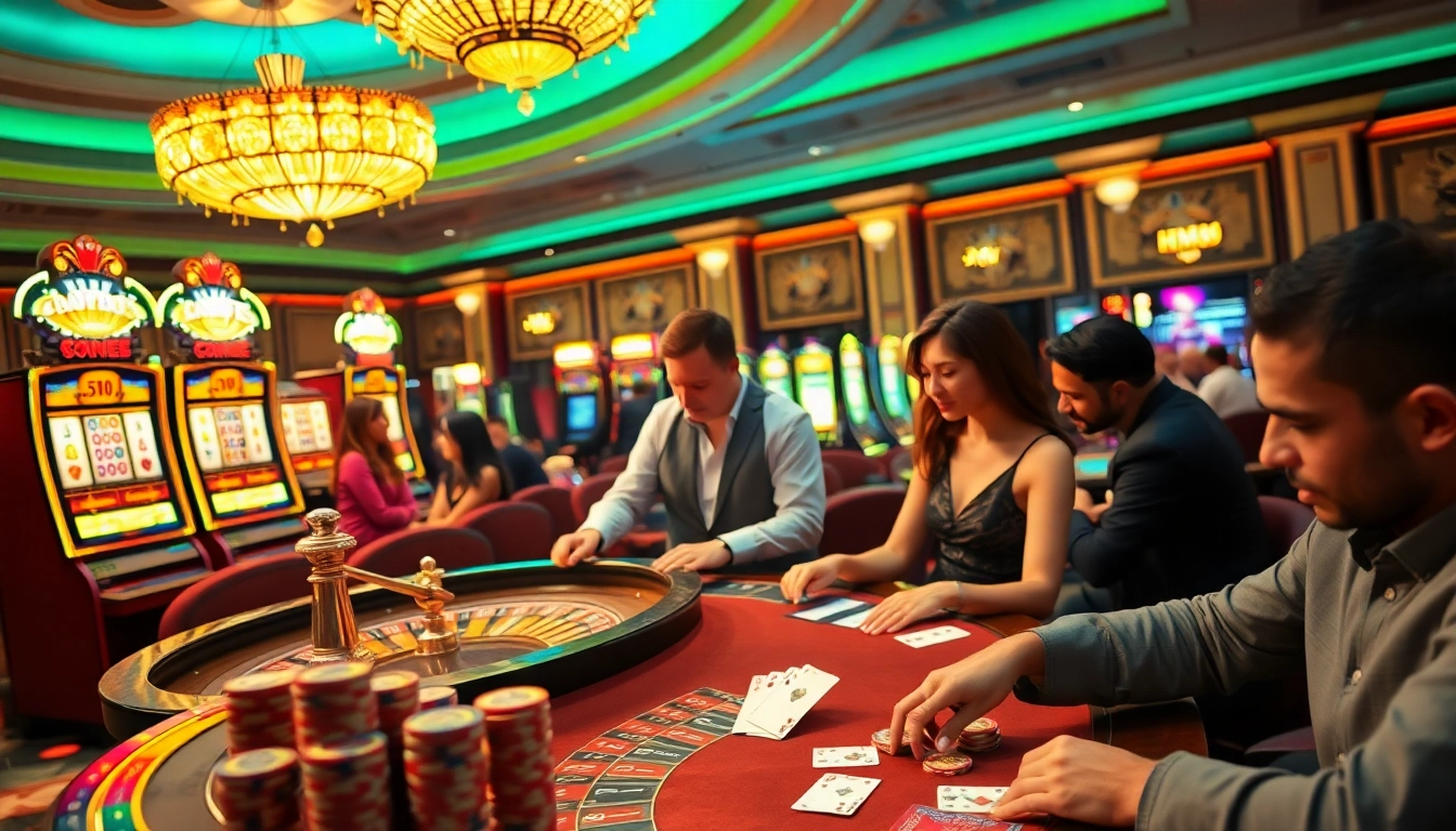 Gambling excitement at an HM88-enabled casino with vibrant tables and poker chips.
