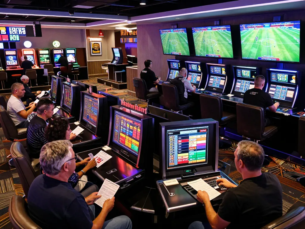 Tỷ lệ kèo nhà cái displayed on vibrant screens in a modern sports betting area, capturing the excitement of live betting