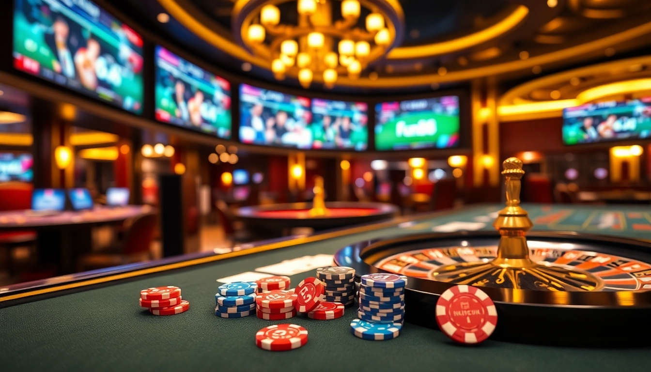 Experience the excitement of Fun88 at a luxurious casino table with poker chips and a roulette wheel.
