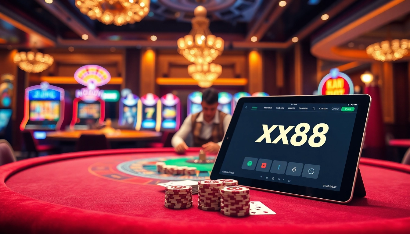 Professional poker players at a vibrant table with digital gambling interface from https://xx88.host.