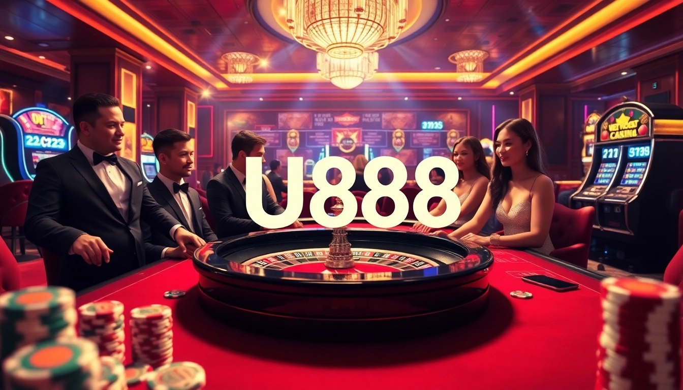 U888 casino scene with excited players engaging at a roulette table and showcasing premium betting experience.