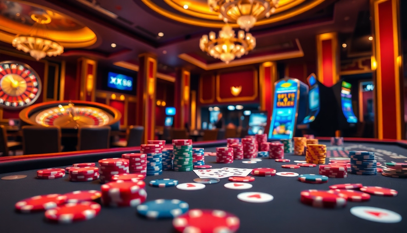 Players engaging in a thrilling game at XX 88 casino, showcasing casino chips and cards.