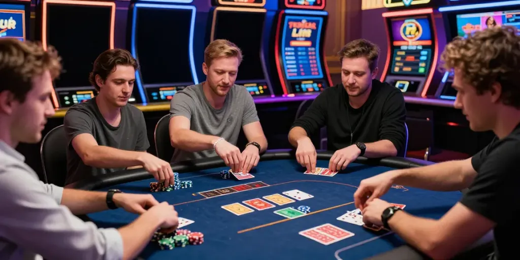 Engaging moment at an online casino not on gamstop with players enjoying a card game and vibrant atmosphere.