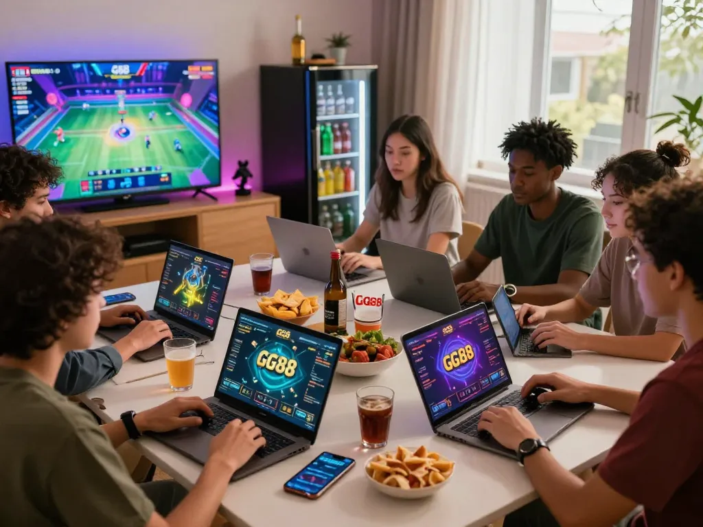Diverse friends engaging in online gaming and betting on GG88 in a vibrant living room.