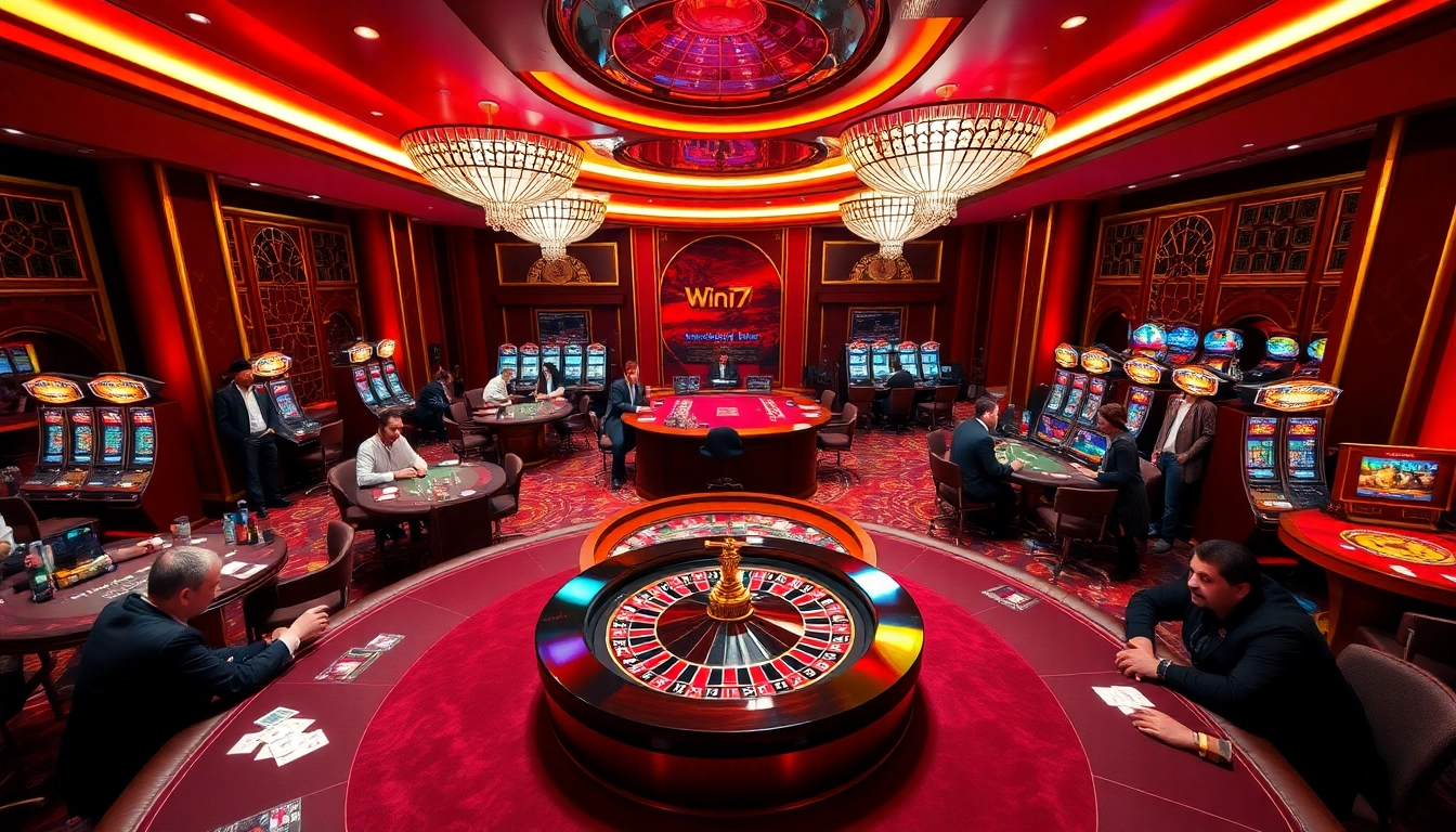 Win79 gaming area showcasing vibrant slot machines and enticing roulette wheel action.