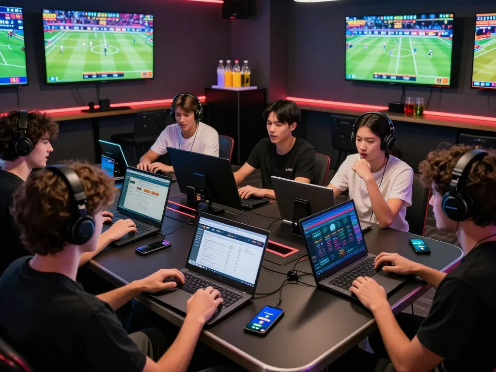 Xibet players enjoying various online games in a vibrant gaming lounge.