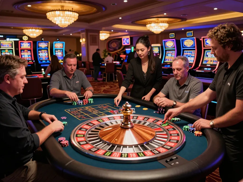 Players enjoying a lively roulette game at VN88 casino, showcasing dynamic betting action and vibrant atmosphere