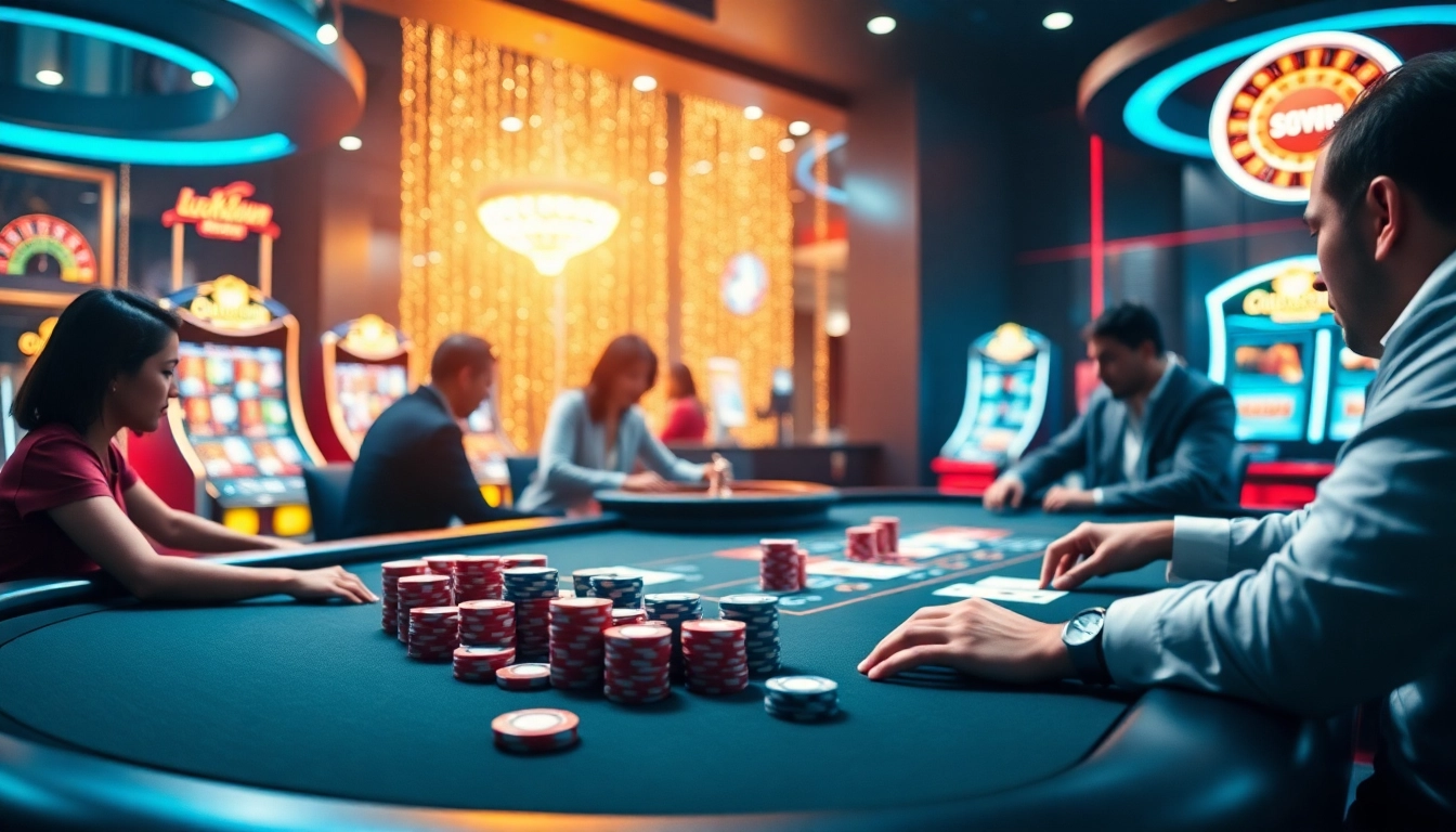 Players enjoy a high-stakes poker game at a Luckywin casino table filled with colorful chips and cards.