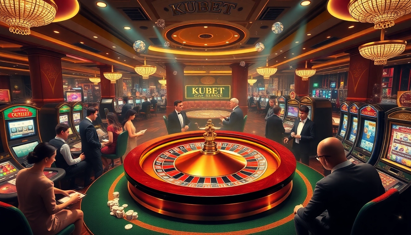 KUBET offers an exciting casino experience with players engaging at a roulette table and lively slot machines.