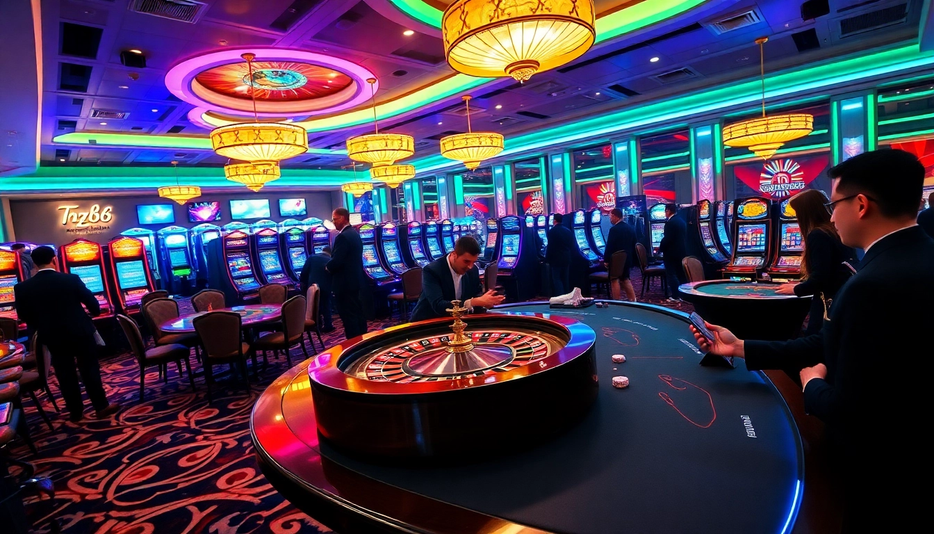 Experience the excitement at HZ88 with players engaged at roulette and poker tables.