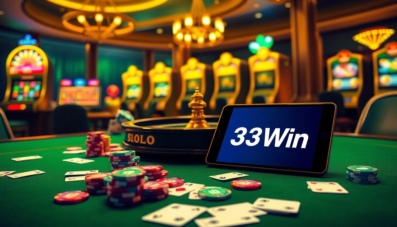 Experience thrilling gameplay at 33Win with engaging casino elements like roulette and poker chips.
