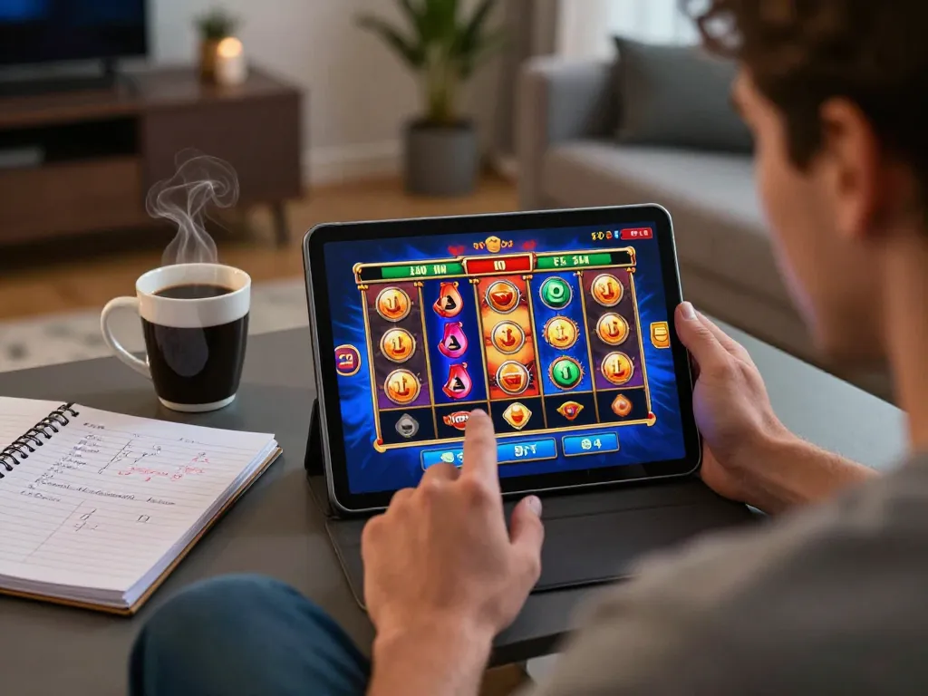 Engaging in Slot Malaysia gaming session on a tablet at home with colorful reels displayed.
