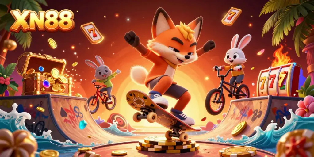 Experience winning thrills at XN88 with vibrant cartoon characters in a dynamic casino scene.