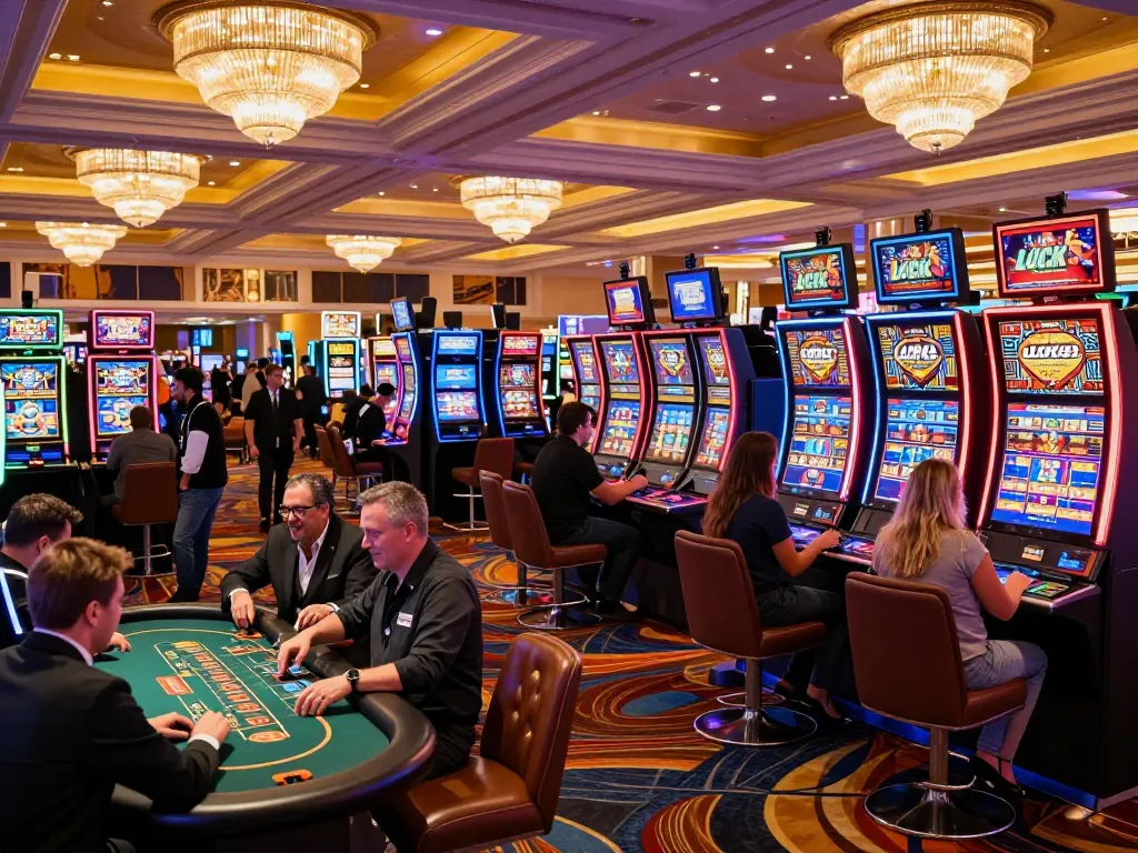 Players enjoying various games in an upscale casino setting, luck8 excitement is palpable