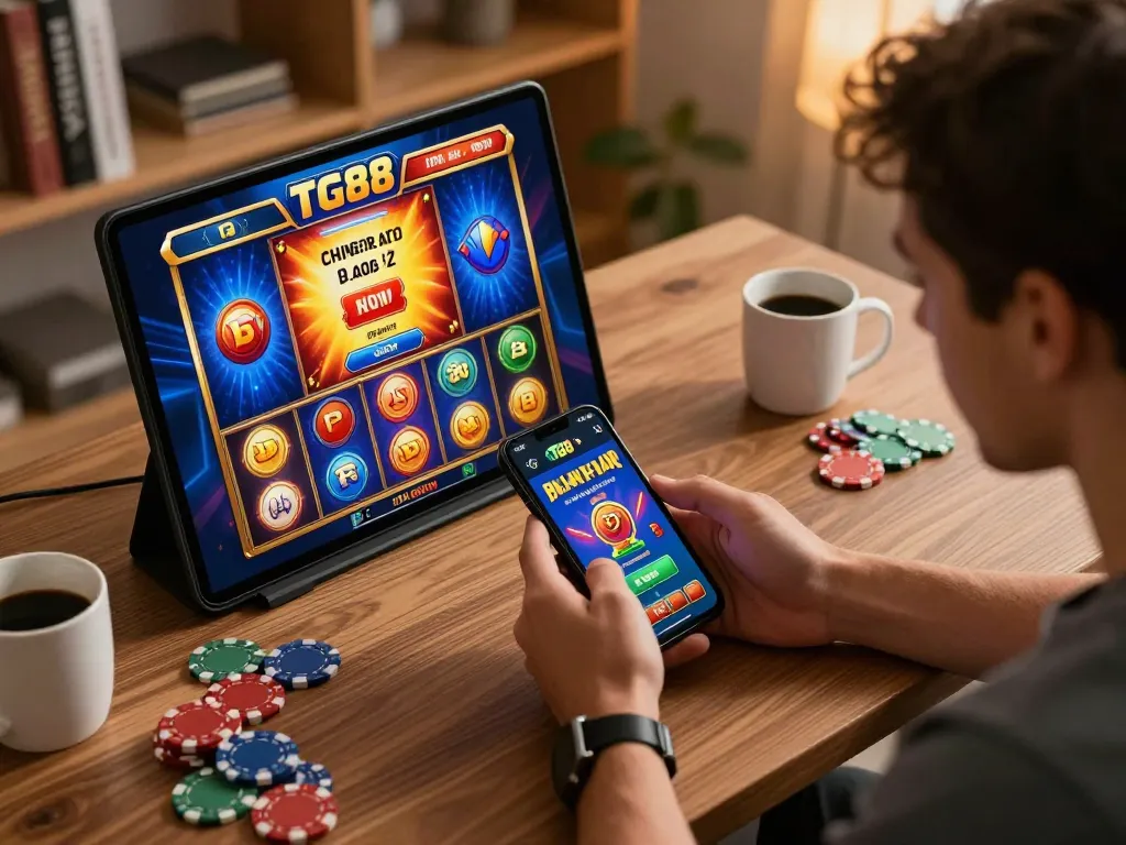 Player enjoying a lively session with the TG88 casino app in a cozy home office.