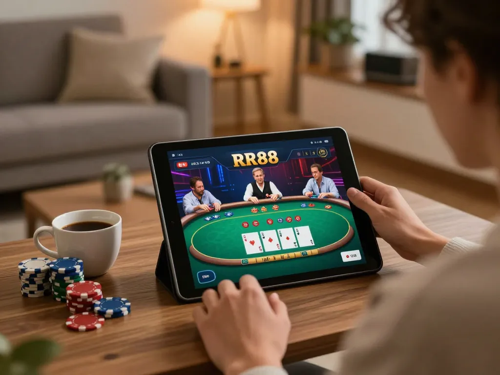 Join the excitement of RR88 poker from home, showcasing a cozy gaming setup with engaging gameplay.