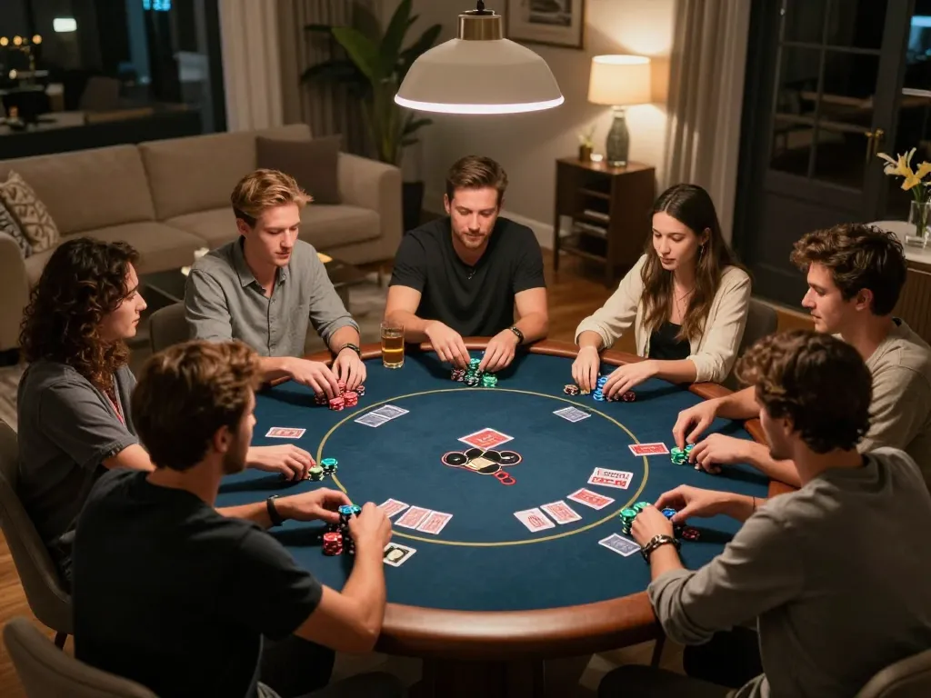 Engaging home poker night scene with friends playing nk88, chips and cards visible on the table.