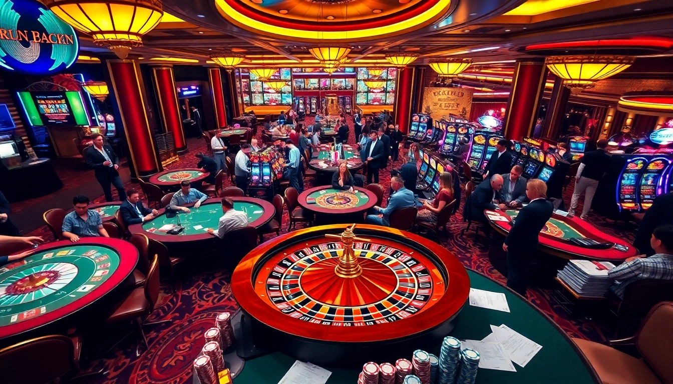 7M casino scene showcasing enthusiastic players at roulette and poker tables.