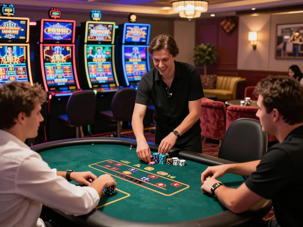 Exciting k88 live casino scene with players at poker tables and vibrant slot machines.