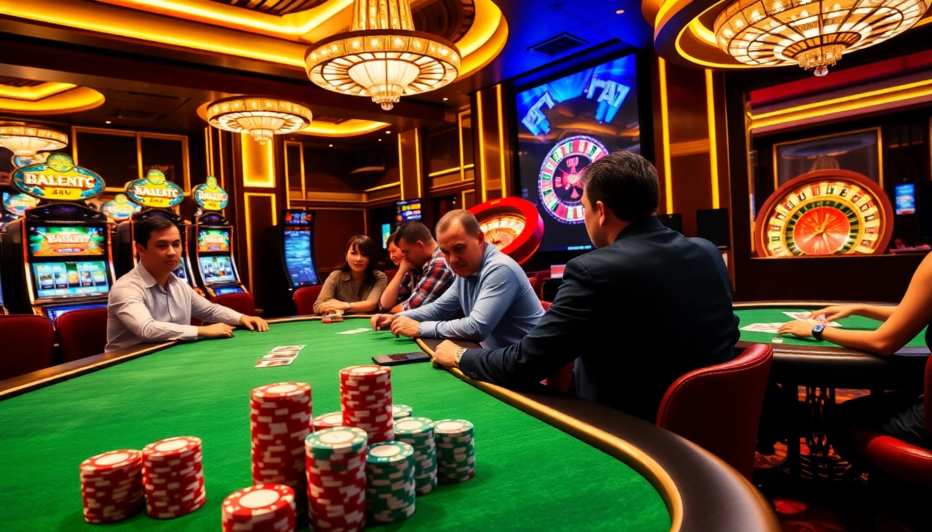 Players enjoying J88-themed poker at a luxurious casino with vibrant slot machines.