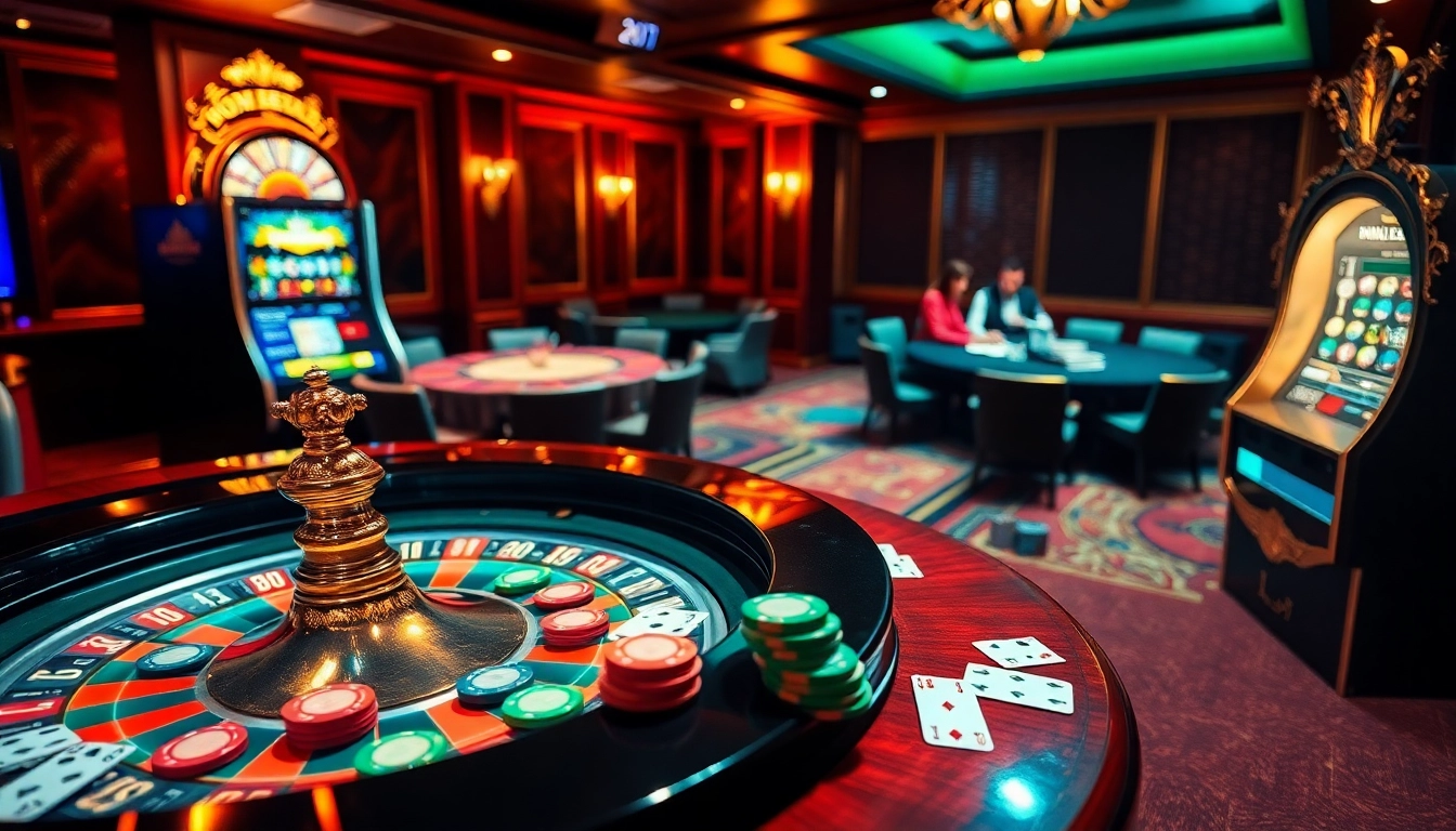 An immersive casino experience highlighting mm oo with roulette, poker, and slot machines surrounded by vibrant gaming culture.
