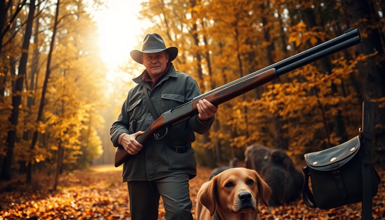 Hunter with .32 win rifle in autumn forest, exuding adventure.