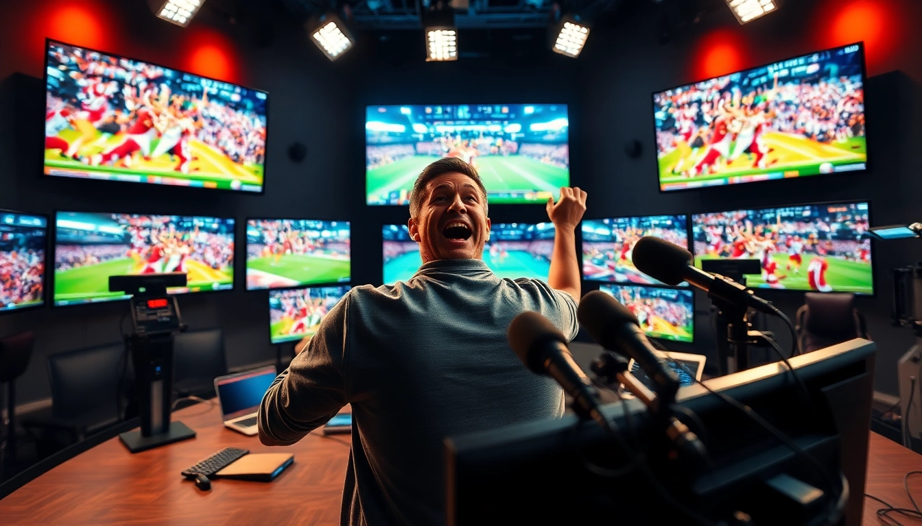 Engaged commentator in sports broadcasting studio surrounded by screens displaying live events.