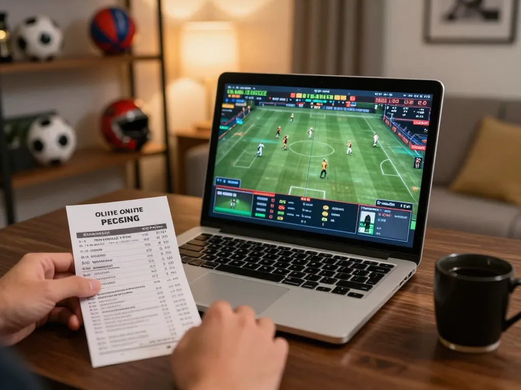 Engaged gambler reviewing live sports statistics for GG777 betting strategy in a cozy home setting.
