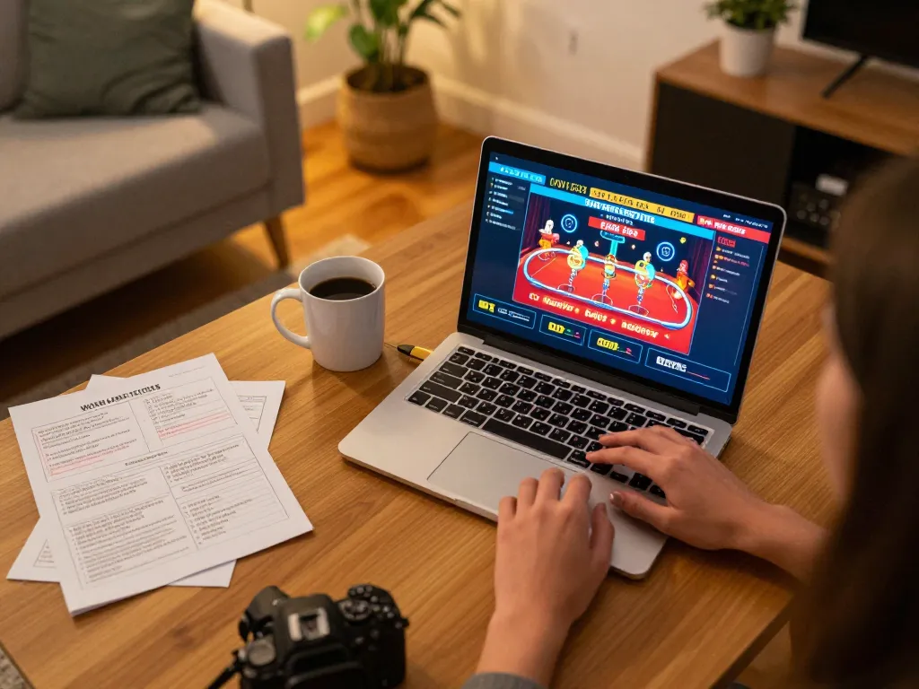 Engaging in online casino gaming at Trang Chủ OKFUN with a laptop showing live dealer games.