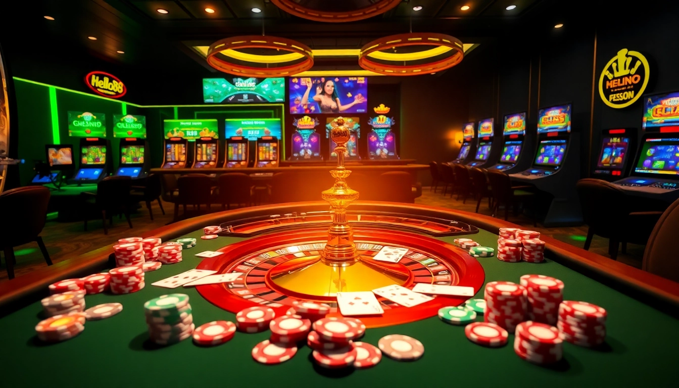 Exciting casino gaming scene showcasing Hello88's thrilling poker and slot experiences.