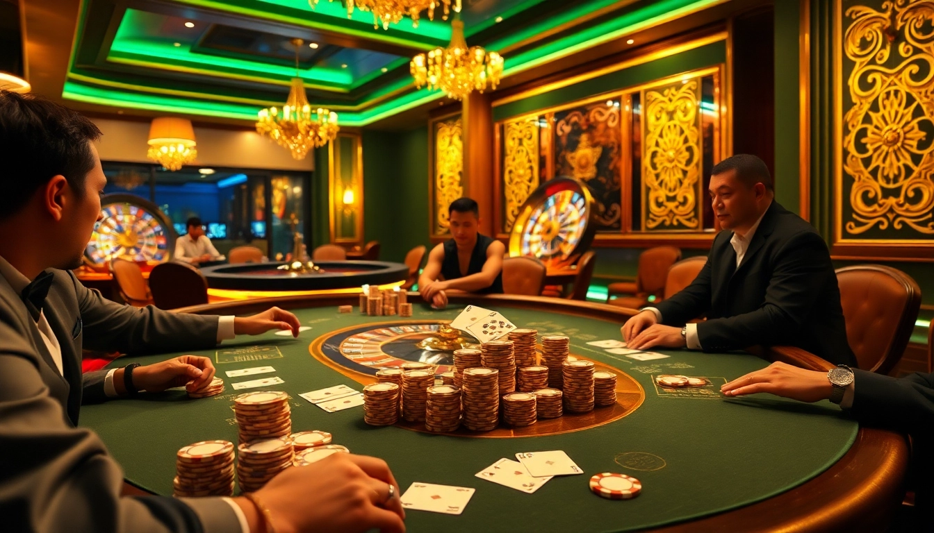 Intense poker gameplay at RR88 casino with vibrant chips and cards.