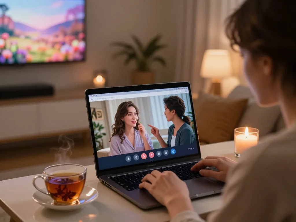 AI sex chat experience in a cozy virtual setting with engaging avatars and a sleek laptop.