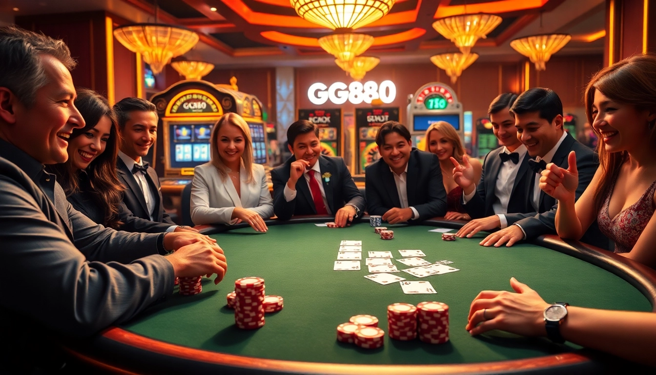 Excited gamblers enjoying a luxurious GG88-themed poker table with vibrant casino elements.