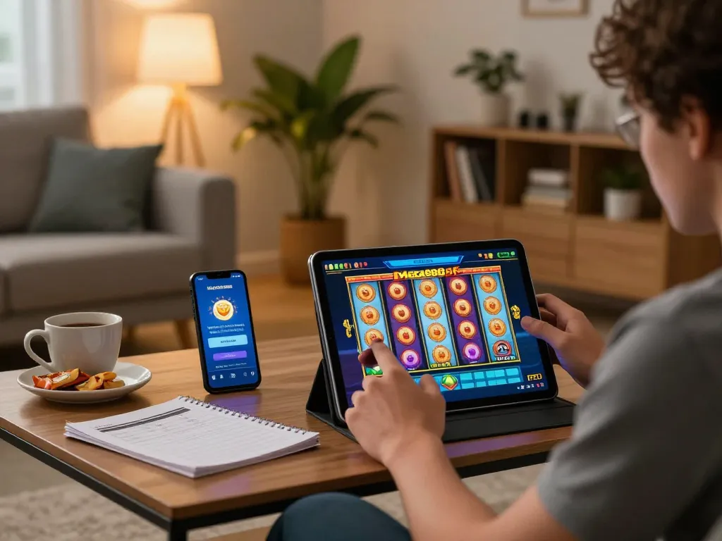 Play the Mega888 APK on tablet with colorful slot reels spinning in a cozy home environment.