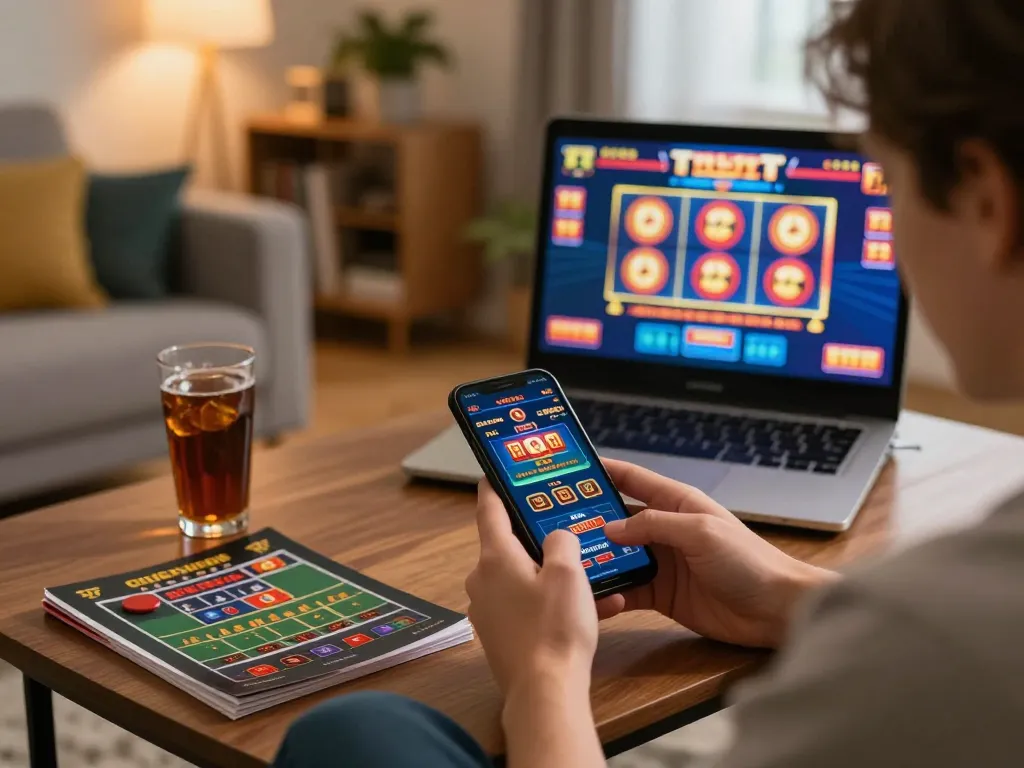 Player engaging with cm88 casino app on smartphone, planning next strategic bet in a cozy home environment.