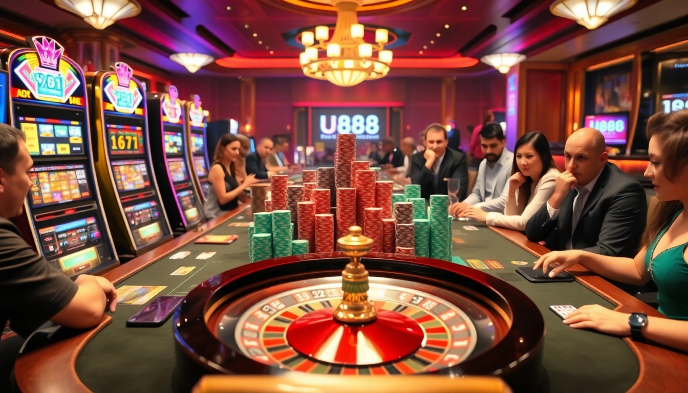 Experience thrilling casino action at U888 with vibrant slot machines and poker chips.