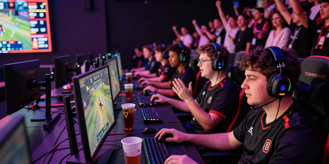Dynamic esports scene featuring gamers engaged in MMOO competition.