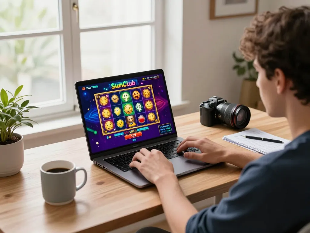 Engaging in SumClub online gaming, a vibrant slot display captivates a player at home.