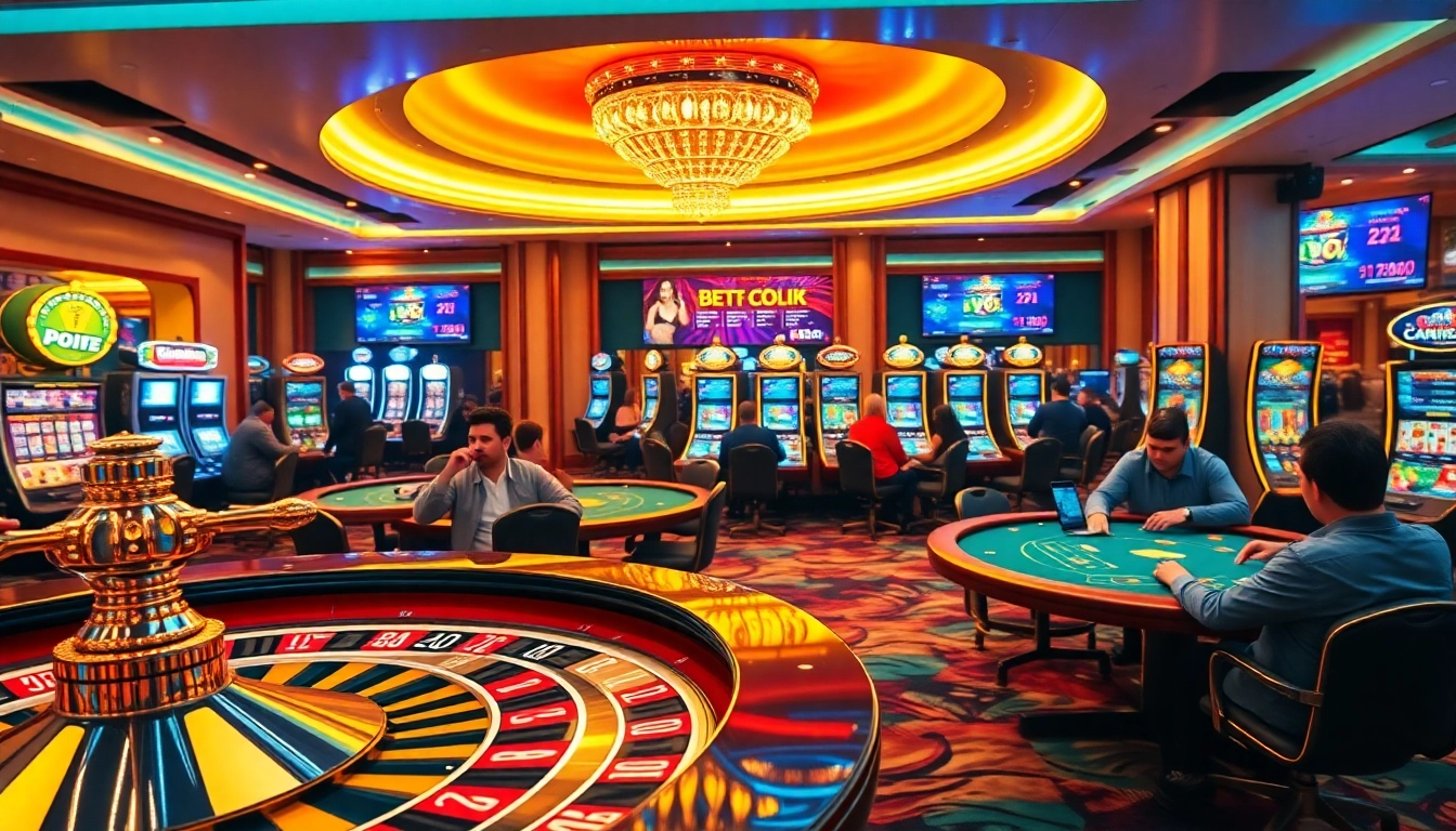 Exciting scene of casino gambling at https://pu88.gr.com/ with players at poker tables and vibrant slot machines.