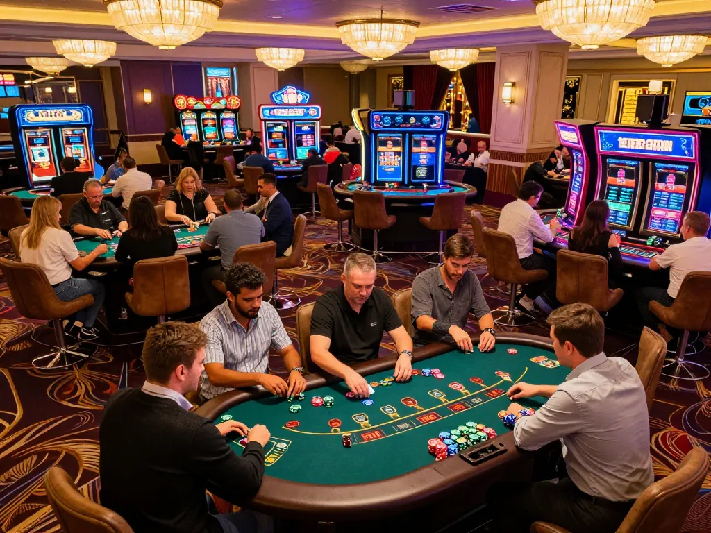 Players engaged in game bài strategies at a lively blackjack table in a vibrant casino.