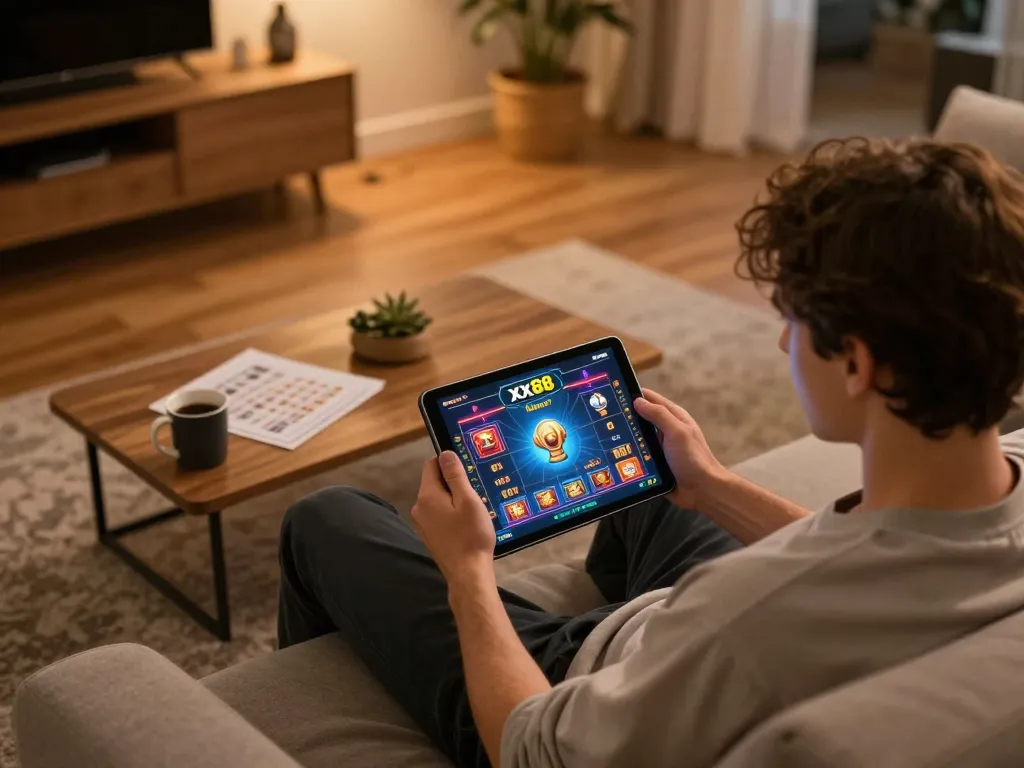 Player enjoying xx88 online casino games on tablet in a cozy home setting.