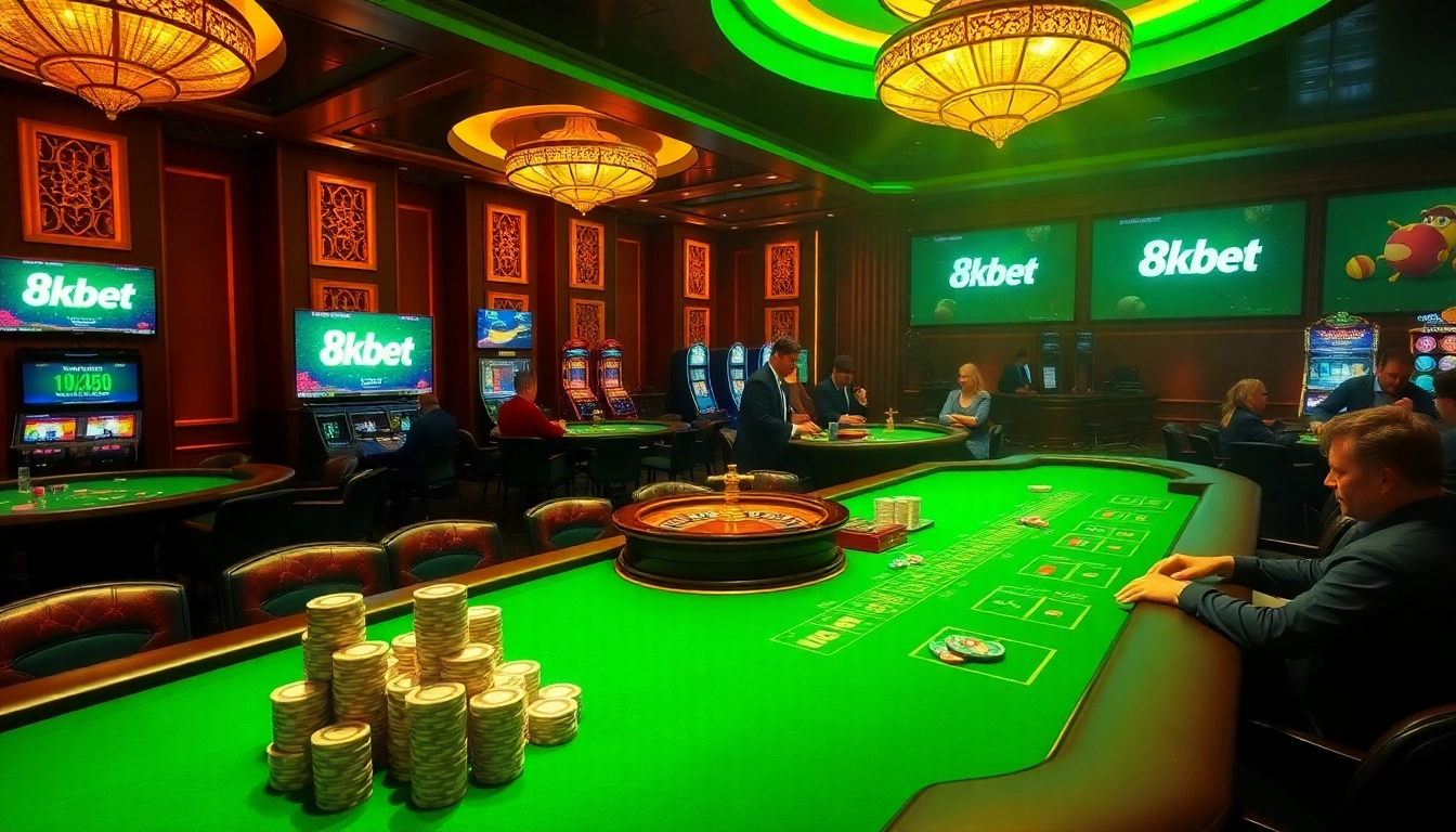 Engaging gamblers at a luxurious casino scene showcasing 8kbet gaming tables and vibrant action.