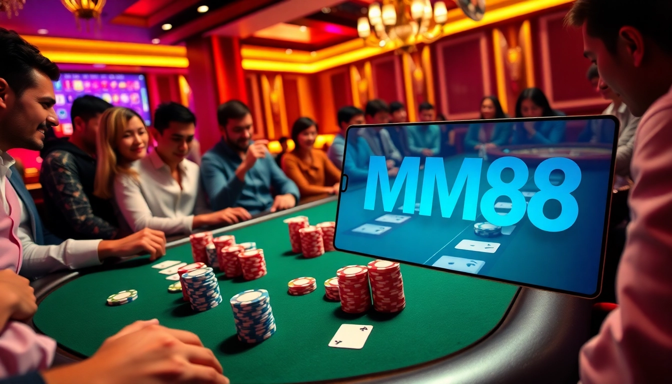 Players enjoying poker at MM88's vibrant casino table with chips and cards.