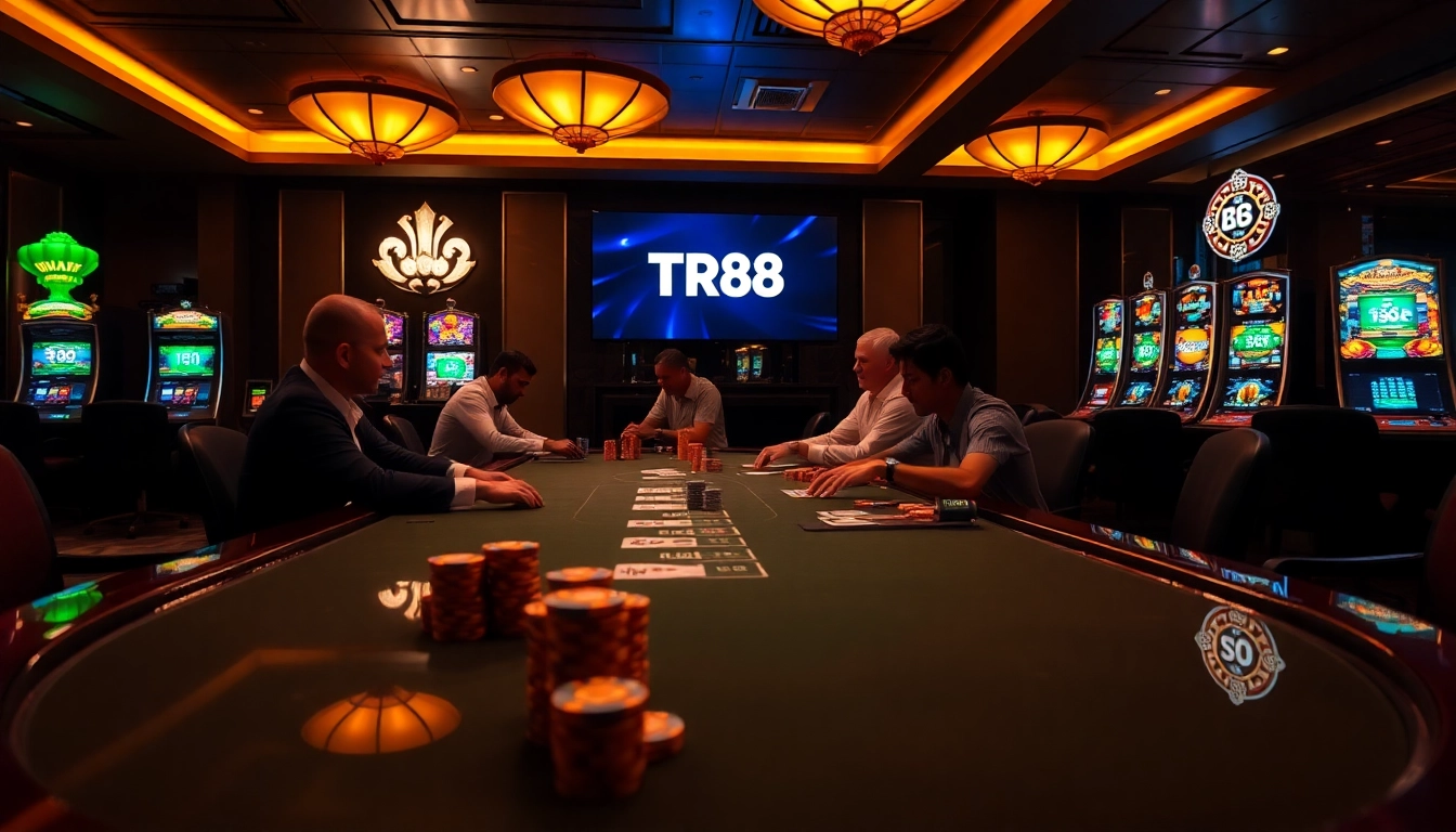Players enjoying a high-stakes poker game at a TR88 luxurious casino table setting.