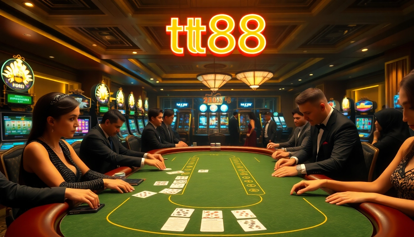 Experience the excitement of tt88 at a luxurious casino blackjack table featuring eager players.