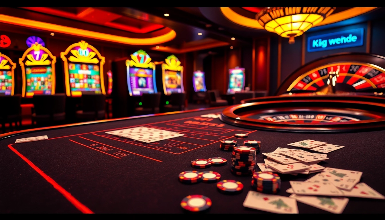 Experience the excitement of winning at 98win with a vibrant casino scene featuring blackjack, slots, and roulette.