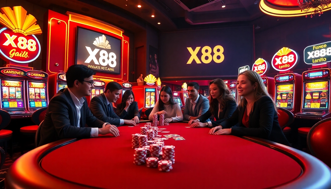 Players engage with casino games at XX88, enjoying vibrant slot machines and poker tables.