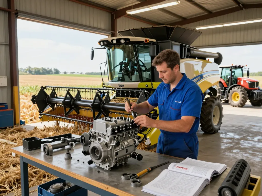 Mechanic servicing New Holland TR88 combine harvester in an agricultural workshop, showcasing heavy industry innovation.