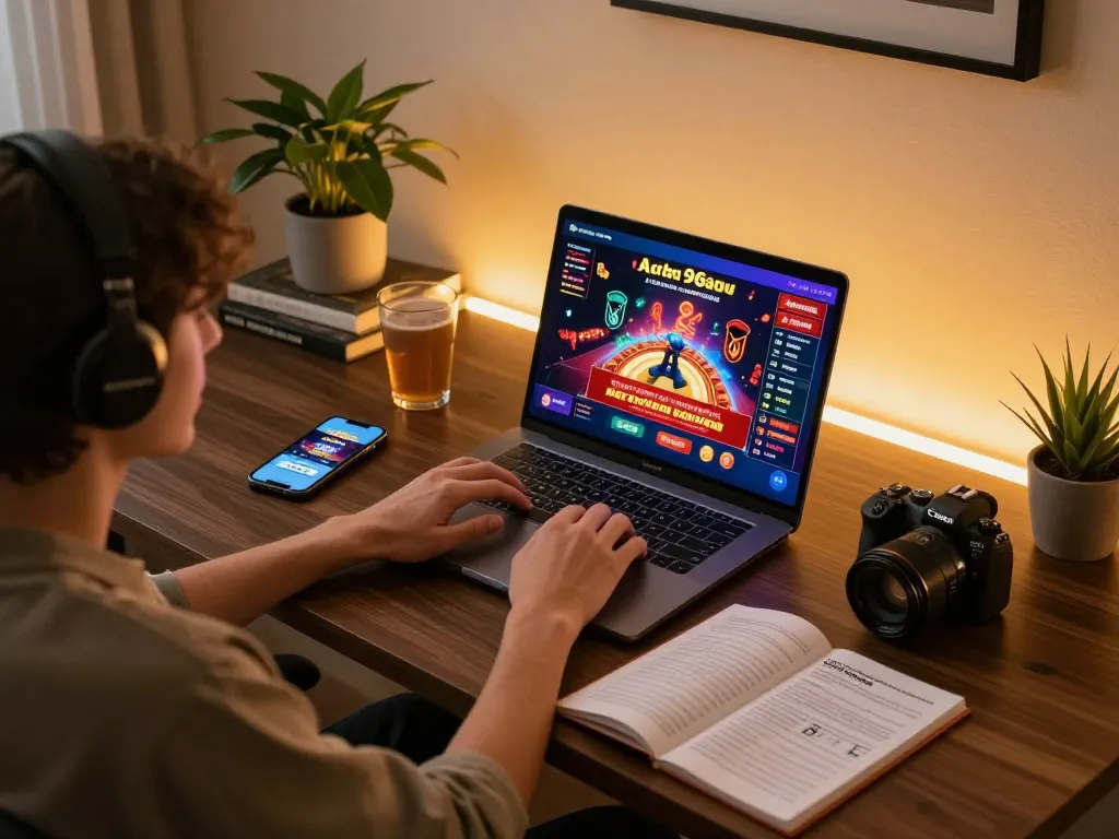 Engaging with Ace96au online casino via laptop, showcasing immersive gameplay and gaming accessories.